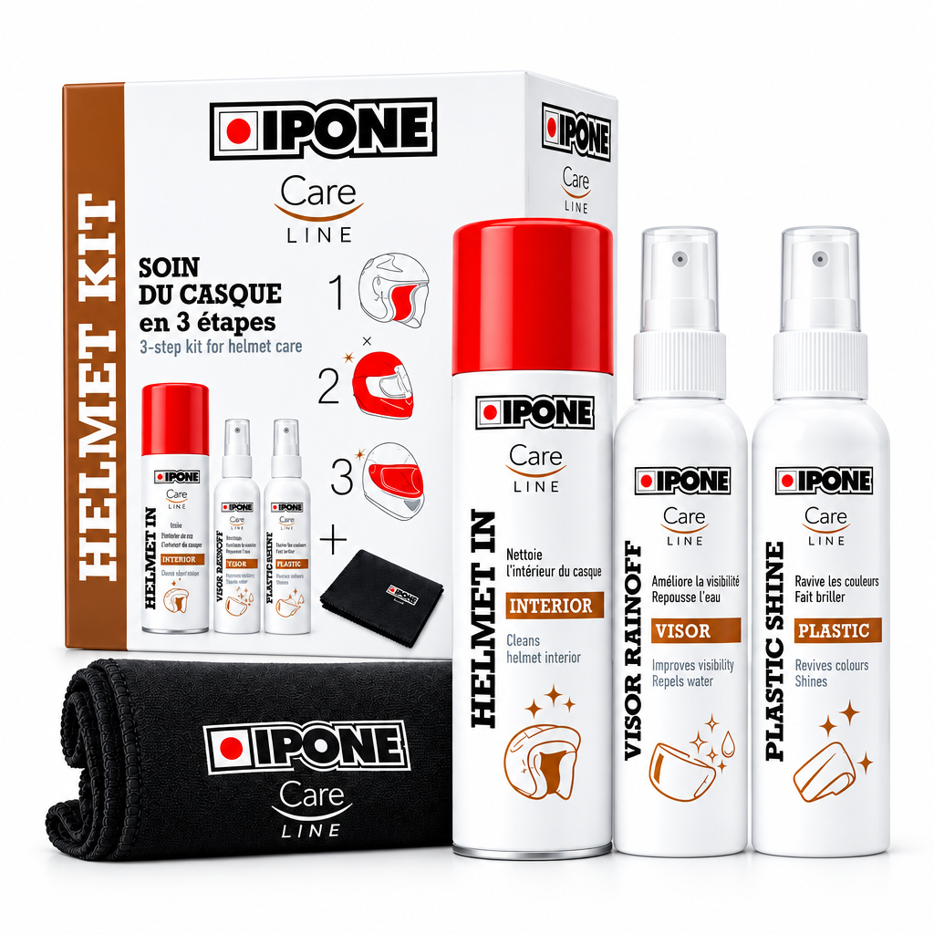 Kit de Limpieza para Casco de Moto Ipone: Limpiadores, Repelente y Microfibra