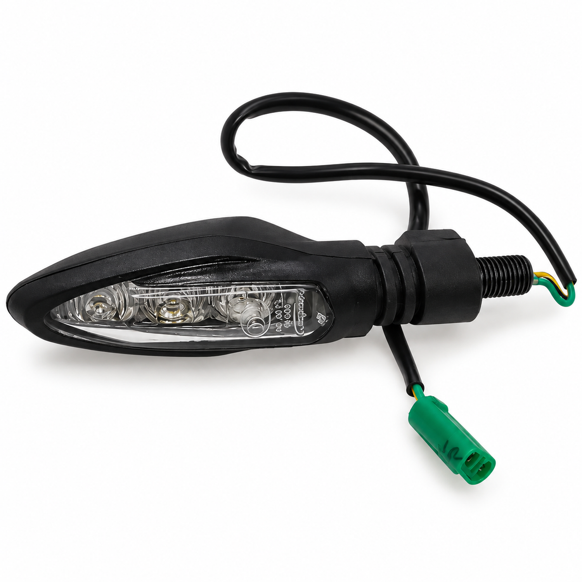 JP401018 - direccional LED negra con lente transparente, cableado y conectores verdes, acabado pulido MHESUS